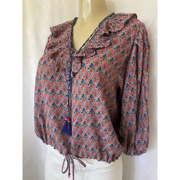 Diane Freis Top Blouse 3/4 Balloon Sleeve Tie Geo Floral V Neck Pleat ta… - Picture 2 of 10